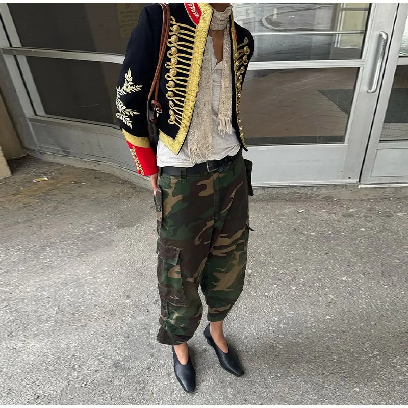 Vintage Women's Cropped Jacket Gold Embroidery Stand Collar Spliced Napoleon Military Coat 2026 Autumn Lady Street Outerwear