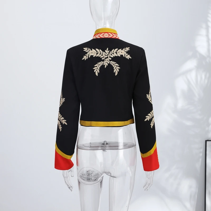 Vintage Women's Cropped Jacket Gold Embroidery Stand Collar Spliced Napoleon Military Coat 2026 Autumn Lady Street Outerwear