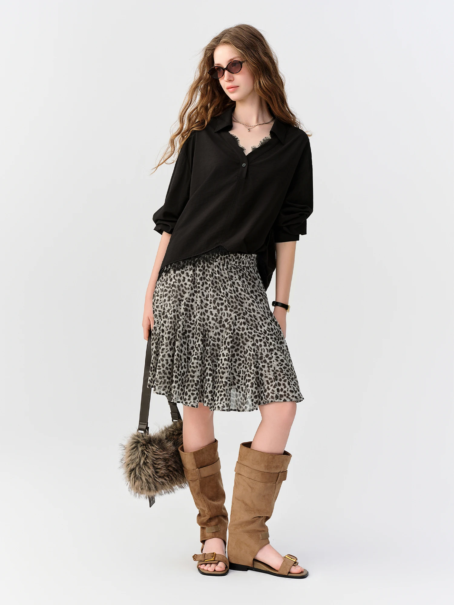 DUSHU Multiple Sizes 2026 Autumn New Women High-Waist Loose Leopard Print Irregular Panel Skirt, Knee-Length Stylish Short Skirt