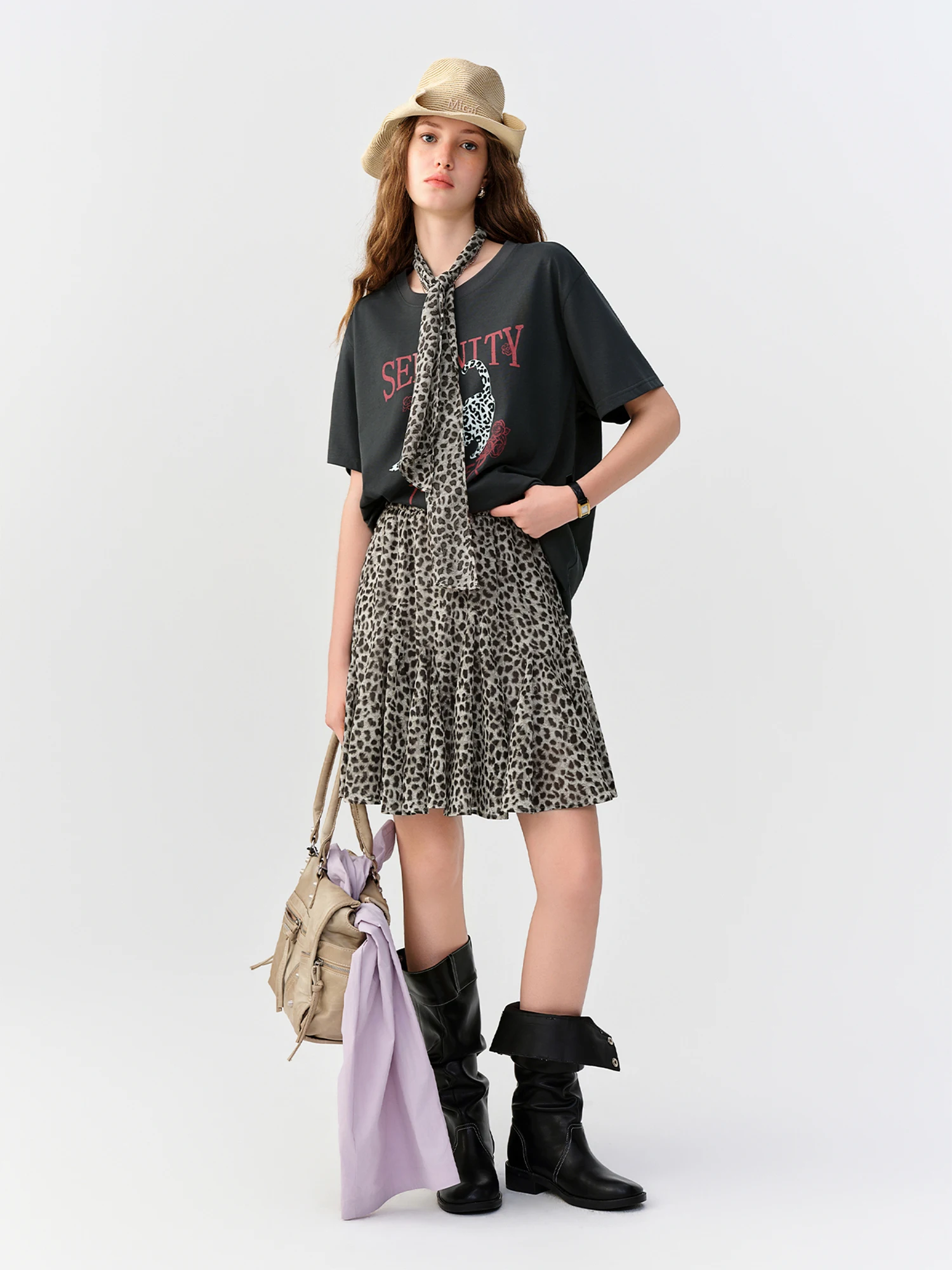 DUSHU Multiple Sizes 2026 Autumn New Women High-Waist Loose Leopard Print Irregular Panel Skirt, Knee-Length Stylish Short Skirt