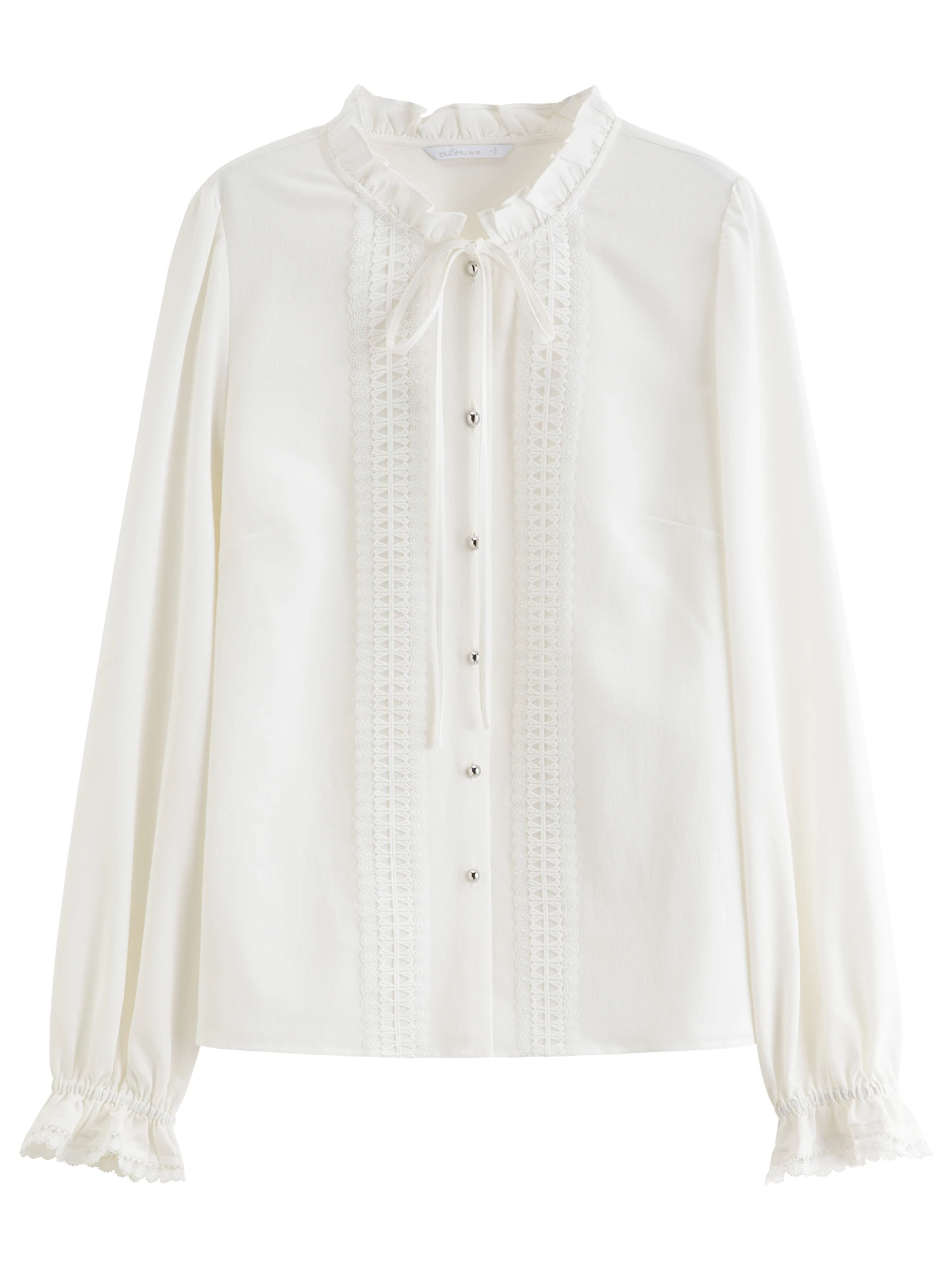 DUSHU Plus-size Women's Clothing Jasmine Tale French-style Wooden Collar Stay Tie-front White Shirt Winter 2025 New Slimming Top