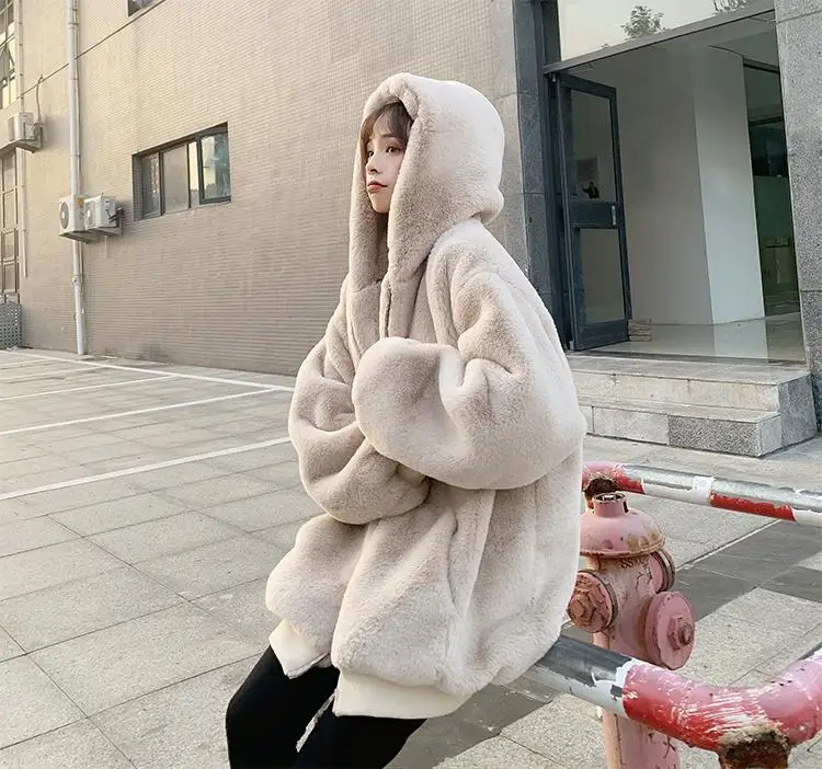 Korean Loose Thick Plush Coat For Women Winter Imitation Fur Rabbits Grass Coat Female Warm Zipper Jacket Hooded Parka Overcoat