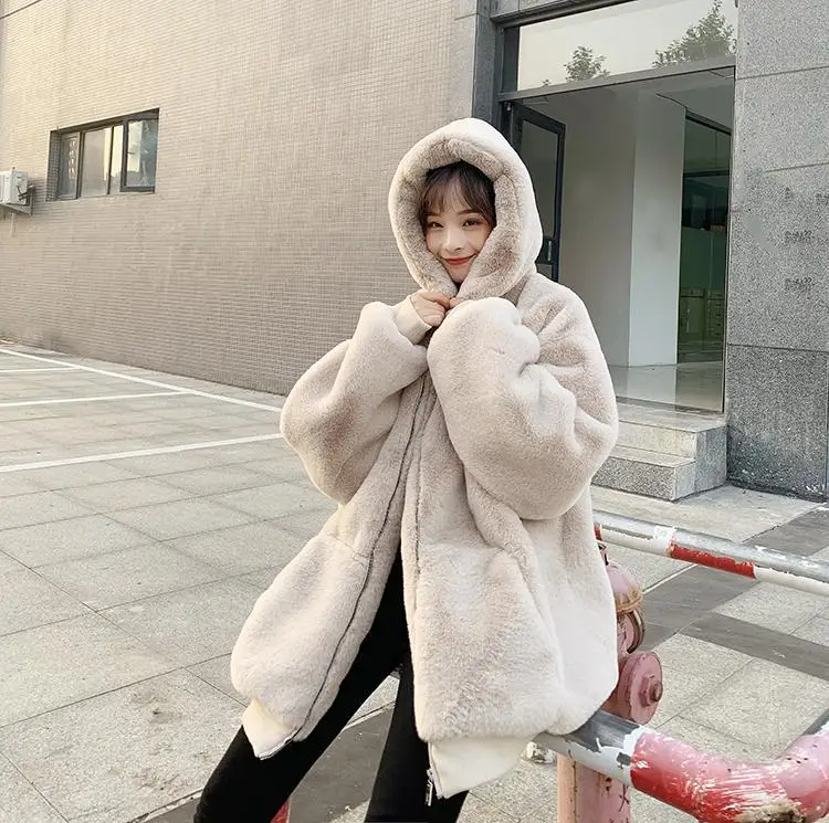 Korean Loose Thick Plush Coat For Women Winter Imitation Fur Rabbits Grass Coat Female Warm Zipper Jacket Hooded Parka Overcoat