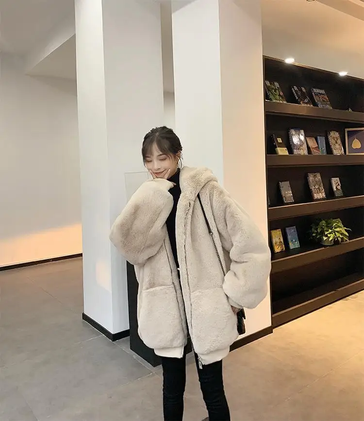 Korean Loose Thick Plush Coat For Women Winter Imitation Fur Rabbits Grass Coat Female Warm Zipper Jacket Hooded Parka Overcoat