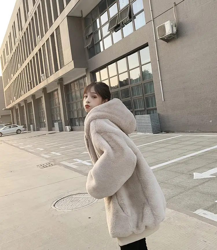 Korean Loose Thick Plush Coat For Women Winter Imitation Fur Rabbits Grass Coat Female Warm Zipper Jacket Hooded Parka Overcoat