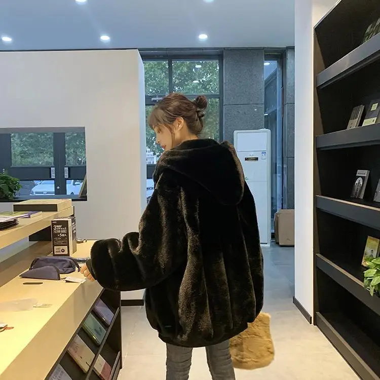 Korean Loose Thick Plush Coat For Women Winter Imitation Fur Rabbits Grass Coat Female Warm Zipper Jacket Hooded Parka Overcoat