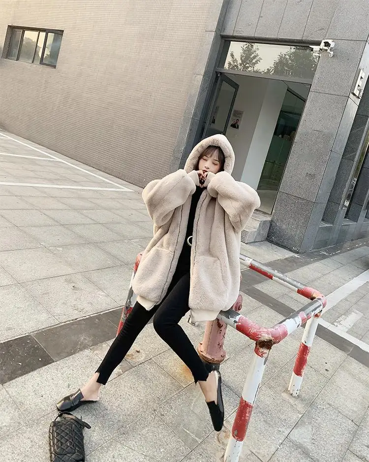 Korean Loose Thick Plush Coat For Women Winter Imitation Fur Rabbits Grass Coat Female Warm Zipper Jacket Hooded Parka Overcoat