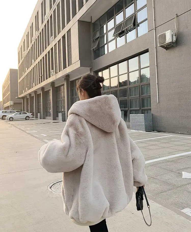 Korean Loose Thick Plush Coat For Women Winter Imitation Fur Rabbits Grass Coat Female Warm Zipper Jacket Hooded Parka Overcoat