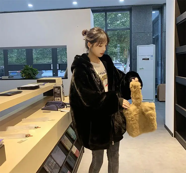 Korean Loose Thick Plush Coat For Women Winter Imitation Fur Rabbits Grass Coat Female Warm Zipper Jacket Hooded Parka Overcoat