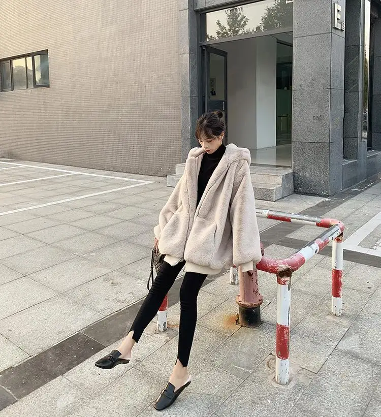 Korean Loose Thick Plush Coat For Women Winter Imitation Fur Rabbits Grass Coat Female Warm Zipper Jacket Hooded Parka Overcoat