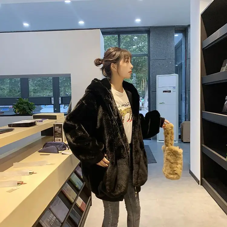 Korean Loose Thick Plush Coat For Women Winter Imitation Fur Rabbits Grass Coat Female Warm Zipper Jacket Hooded Parka Overcoat