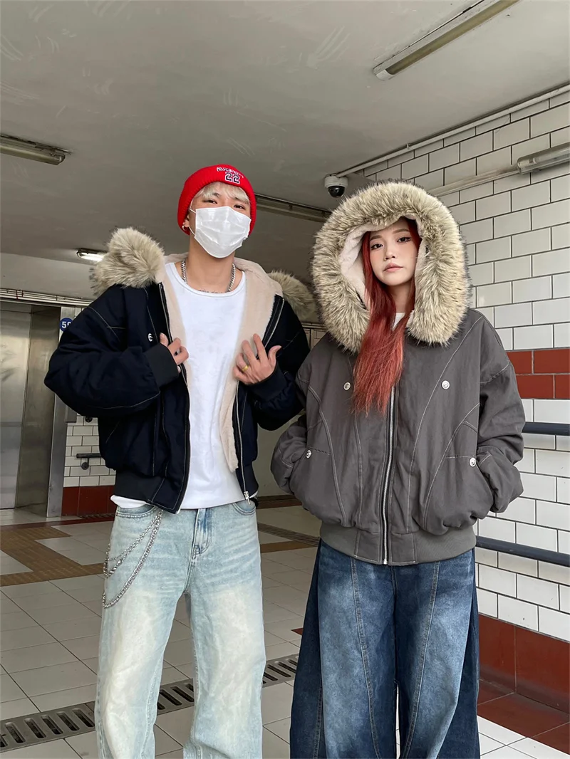 ZAROY Fur Collar Hooded Parkas Y2k Harajuku Thicken Padded Jackets Casual Zipper Gothic Women&Men Winter Coats Streetwear кур