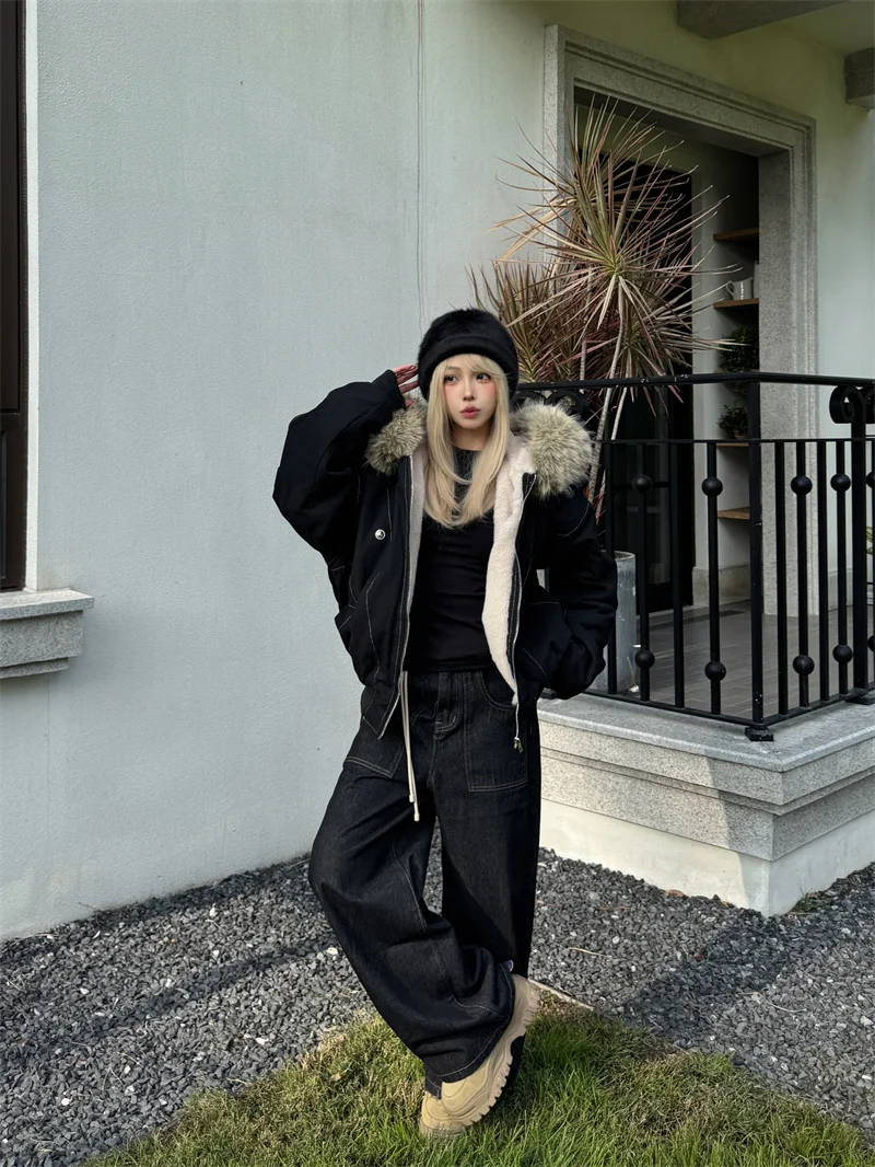 ZAROY Fur Collar Hooded Parkas Y2k Harajuku Thicken Padded Jackets Casual Zipper Gothic Women&Men Winter Coats Streetwear кур