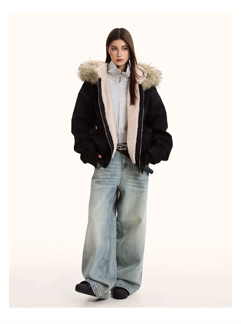ZAROY Fur Collar Hooded Parkas Y2k Harajuku Thicken Padded Jackets Casual Zipper Gothic Women&Men Winter Coats Streetwear кур