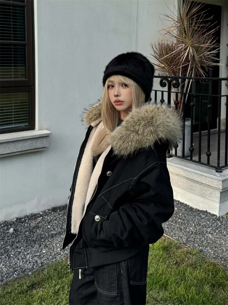 ZAROY Fur Collar Hooded Parkas Y2k Harajuku Thicken Padded Jackets Casual Zipper Gothic Women&Men Winter Coats Streetwear кур