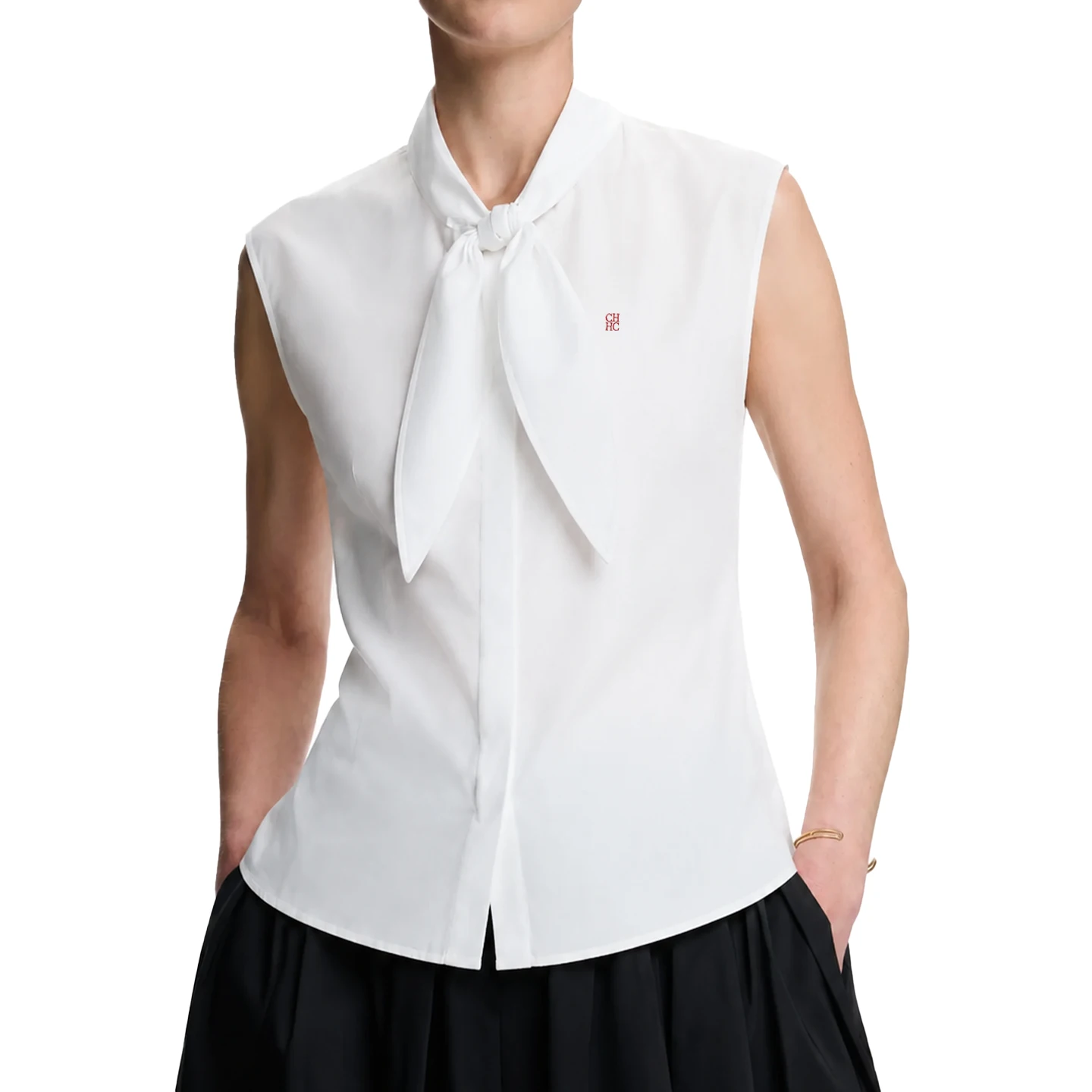 CH Embroidered Sleeveless Shirt Women Bow Tie Collar Slim Fit Soft Fabric Versatile Casual Daily Office Tops