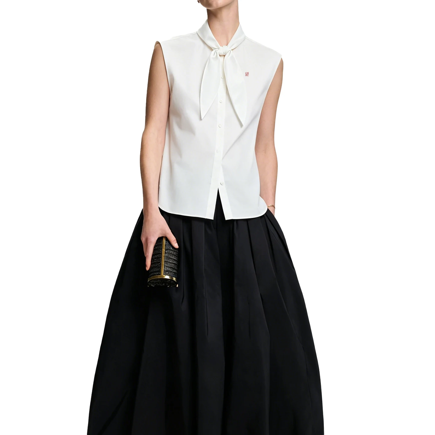 CH Embroidered Sleeveless Shirt Women Bow Tie Collar Slim Fit Soft Fabric Versatile Casual Daily Office Tops
