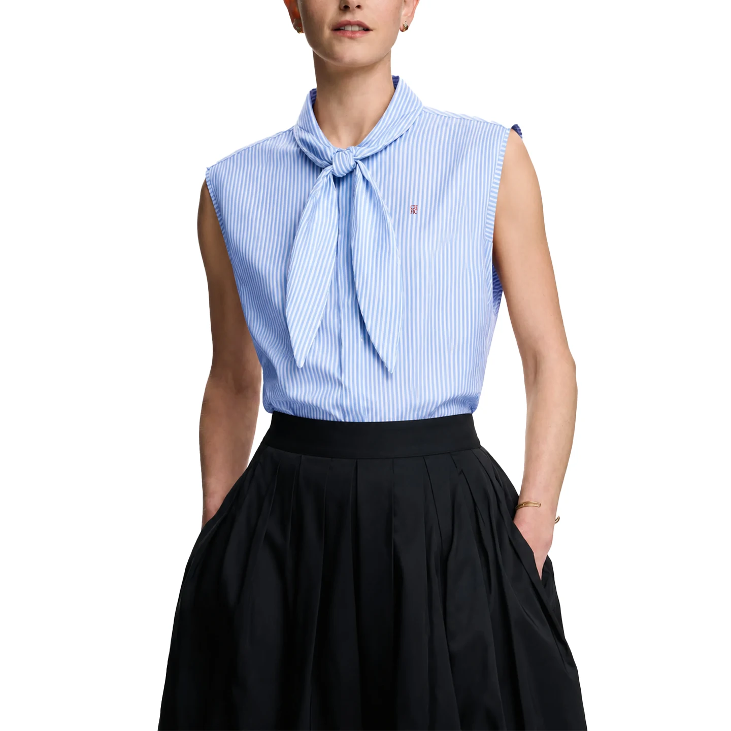CH Embroidered Sleeveless Shirt Women Bow Tie Collar Slim Fit Soft Fabric Versatile Casual Daily Office Tops