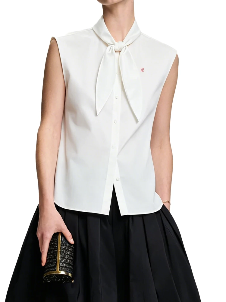 CH Embroidered Sleeveless Shirt Women Bow Tie Collar Slim Fit Soft Fabric Versatile Casual Daily Office Tops