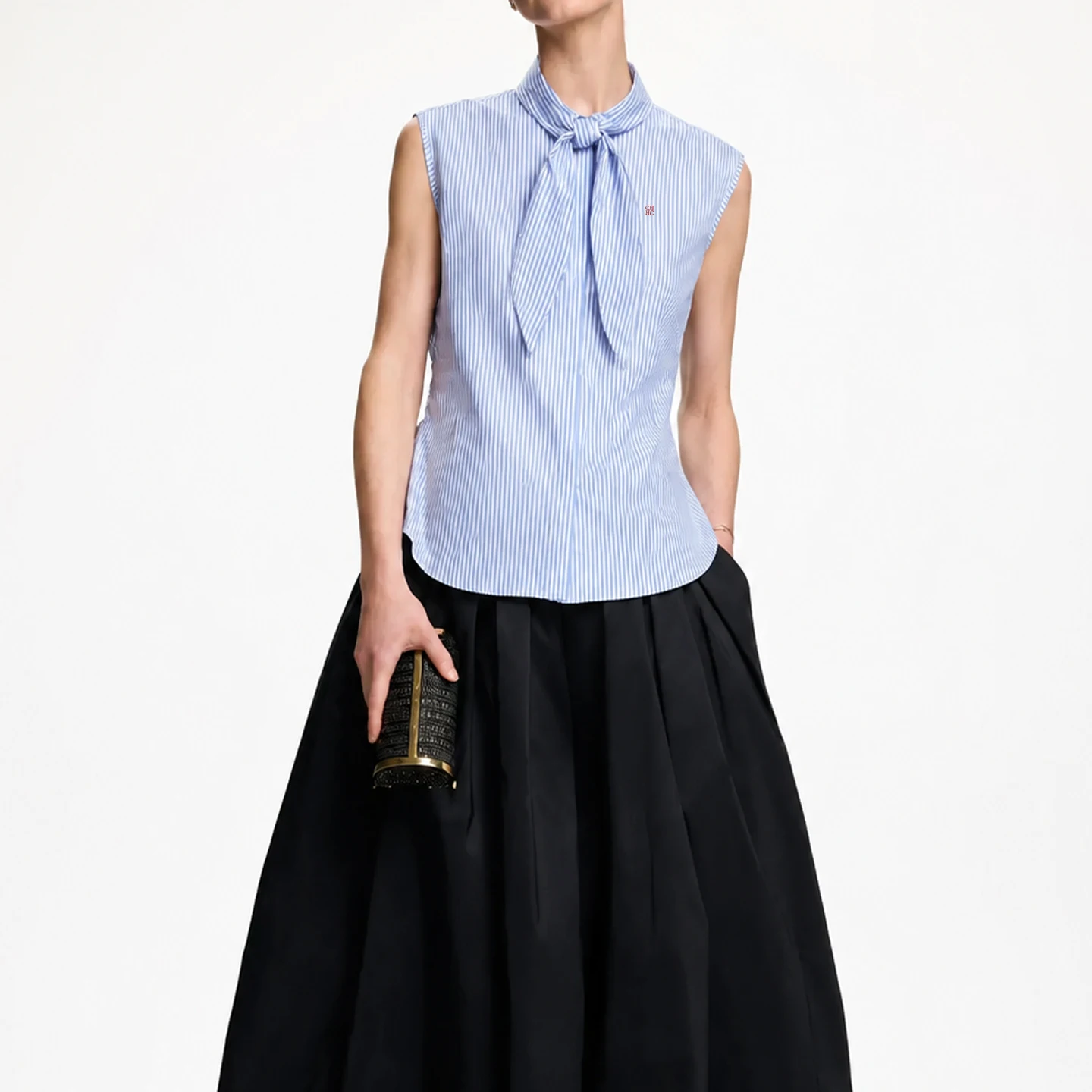CH Embroidered Sleeveless Shirt Women Bow Tie Collar Slim Fit Soft Fabric Versatile Casual Daily Office Tops