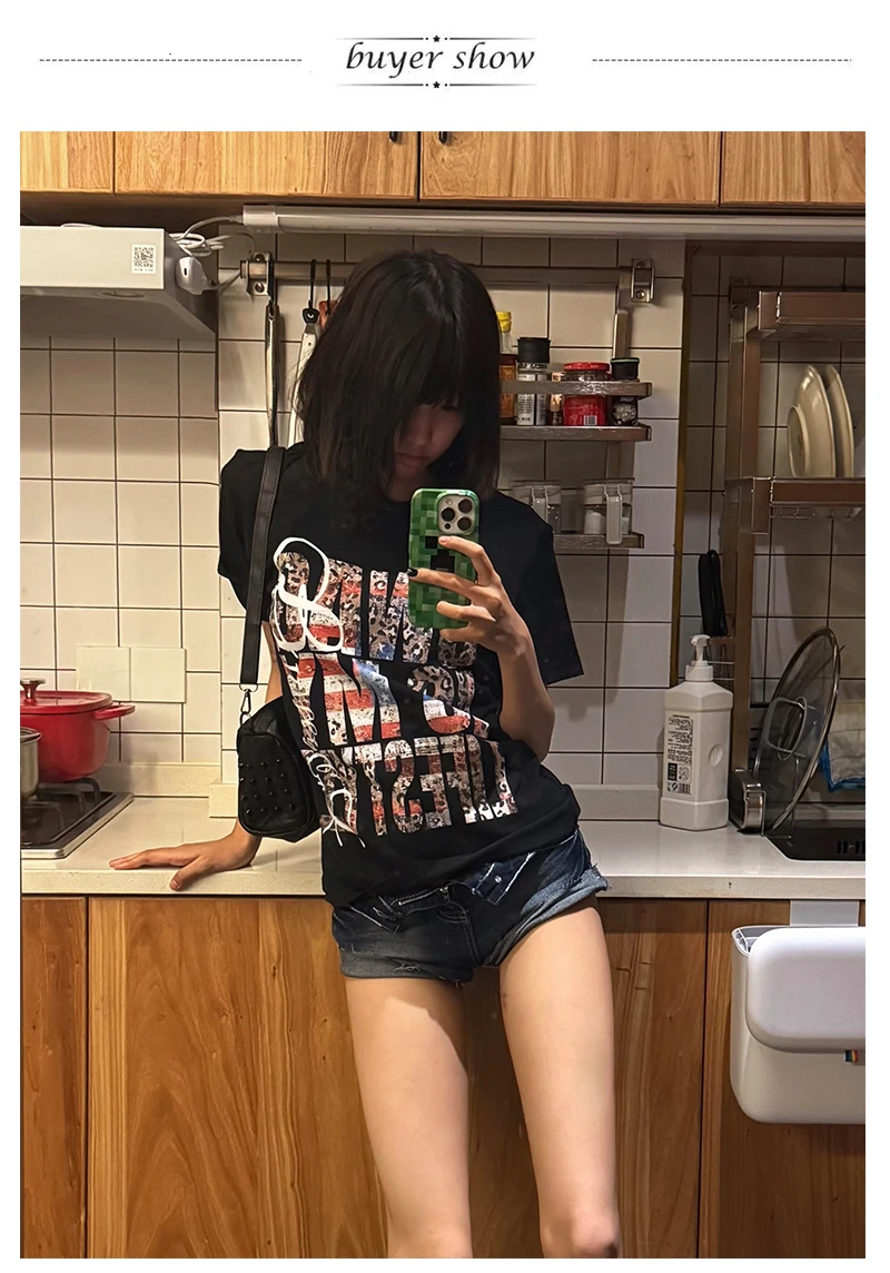 Karrcat Grunge Aesthetics Letter Print T-shirt Trashy Y2k Short Sleeve Black Top Vintage Punk Style Streetwear American Retro