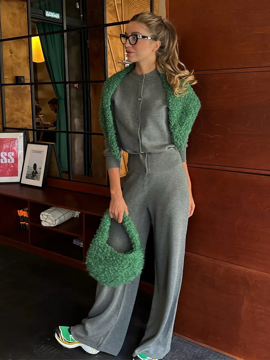 Bornladies Women's New Autumn Winter Knit Cardigan Pants Set Slim Fit Long Sleeve Long Trousers Simple Solid Color Sweater Suit