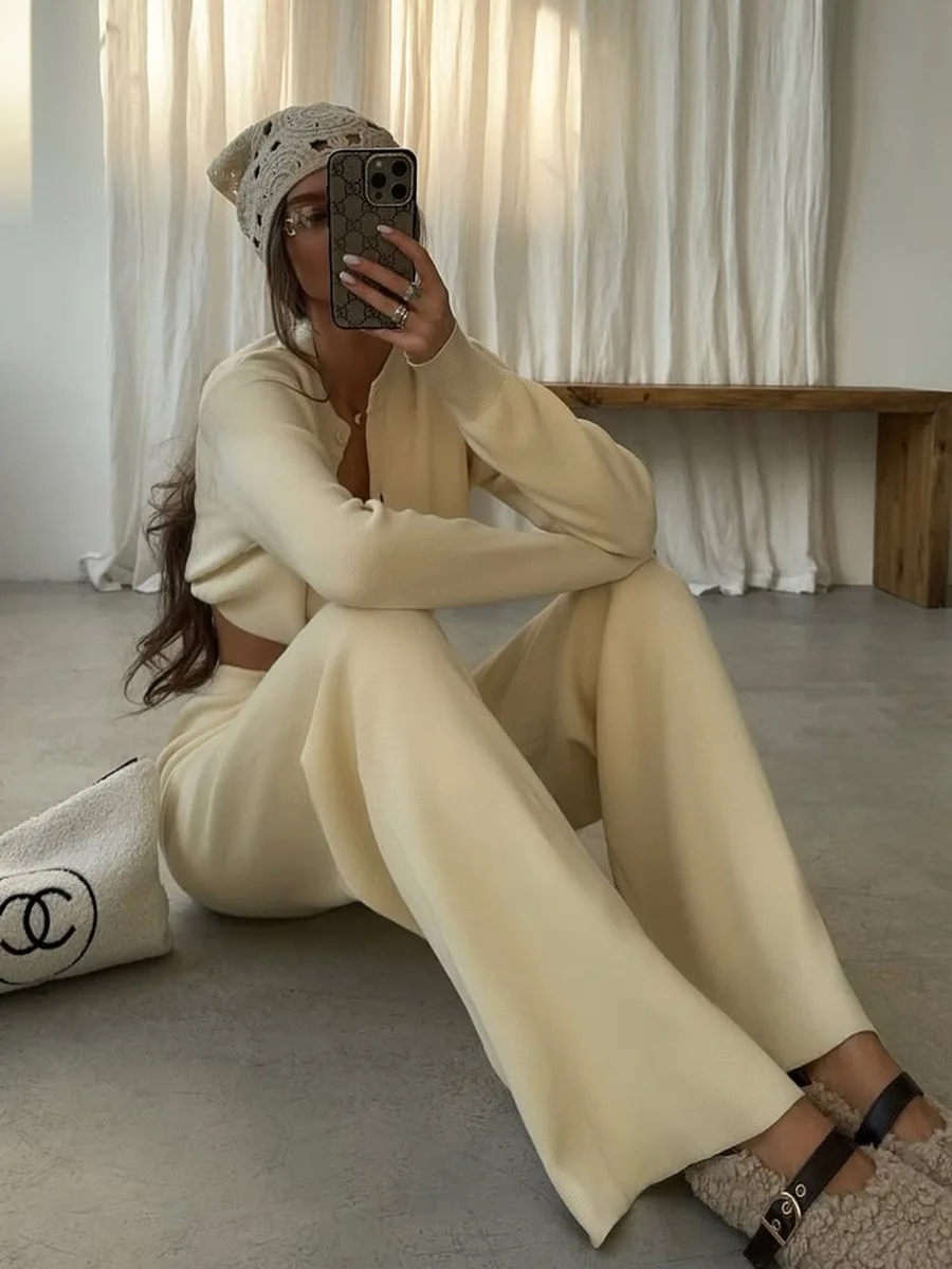 Bornladies Women's New Autumn Winter Knit Cardigan Pants Set Slim Fit Long Sleeve Long Trousers Simple Solid Color Sweater Suit