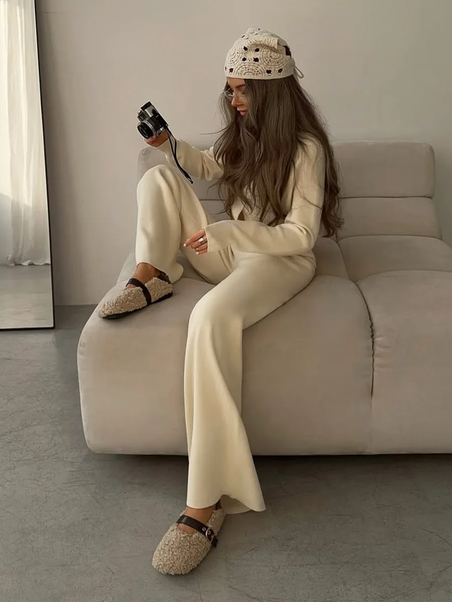 Bornladies Women's New Autumn Winter Knit Cardigan Pants Set Slim Fit Long Sleeve Long Trousers Simple Solid Color Sweater Suit
