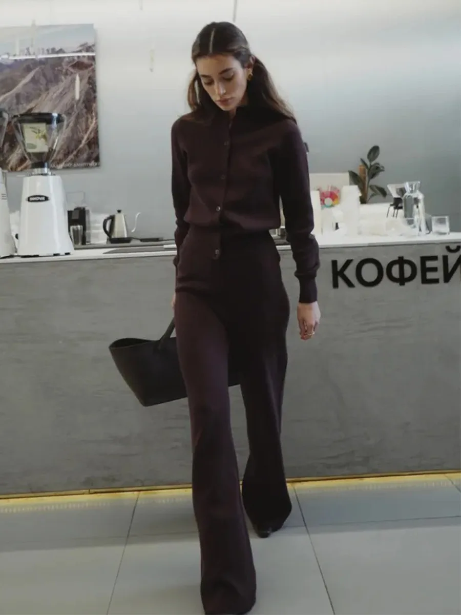 Bornladies Women's New Autumn Winter Knit Cardigan Pants Set Slim Fit Long Sleeve Long Trousers Simple Solid Color Sweater Suit