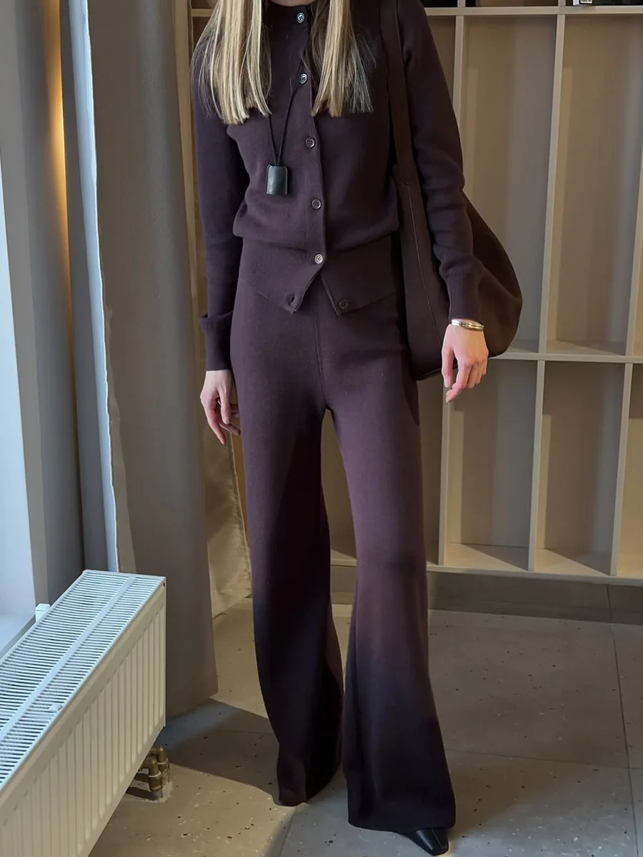 Bornladies Women's New Autumn Winter Knit Cardigan Pants Set Slim Fit Long Sleeve Long Trousers Simple Solid Color Sweater Suit