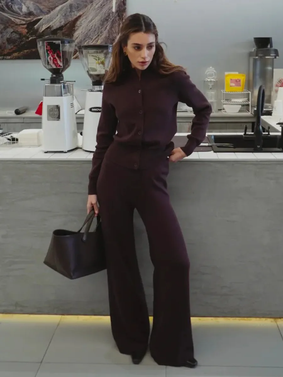 Bornladies Women's New Autumn Winter Knit Cardigan Pants Set Slim Fit Long Sleeve Long Trousers Simple Solid Color Sweater Suit