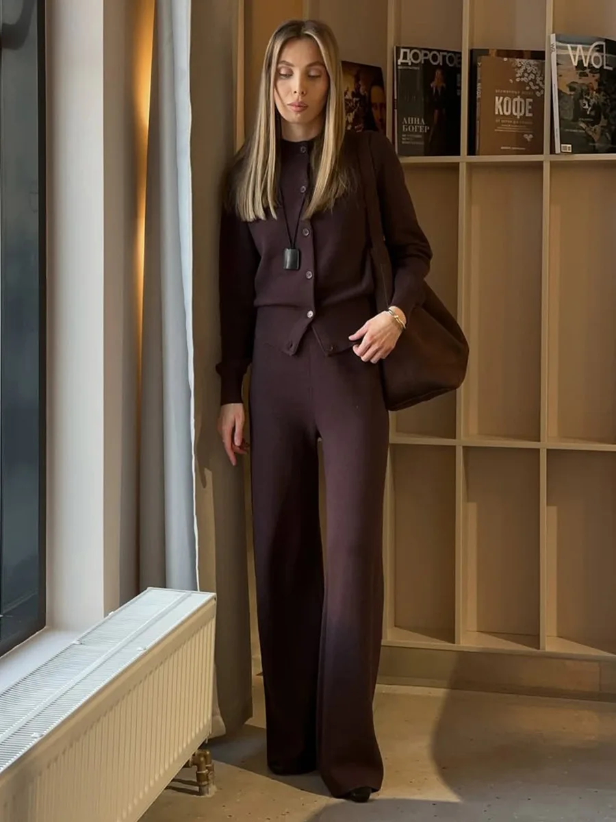 Bornladies Women's New Autumn Winter Knit Cardigan Pants Set Slim Fit Long Sleeve Long Trousers Simple Solid Color Sweater Suit