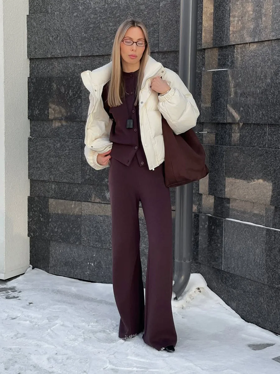 Bornladies Women's New Autumn Winter Knit Cardigan Pants Set Slim Fit Long Sleeve Long Trousers Simple Solid Color Sweater Suit