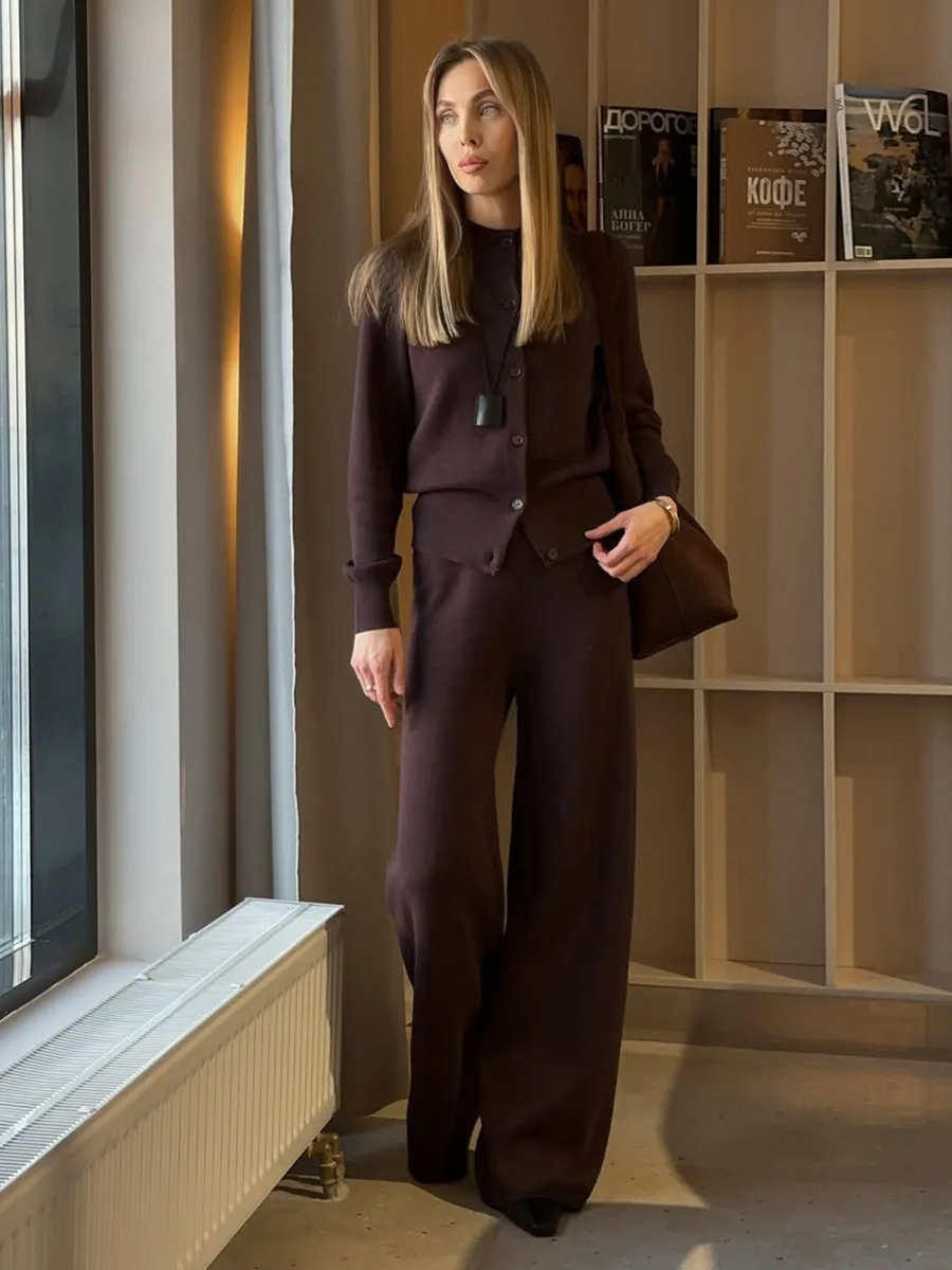 Bornladies Women's New Autumn Winter Knit Cardigan Pants Set Slim Fit Long Sleeve Long Trousers Simple Solid Color Sweater Suit