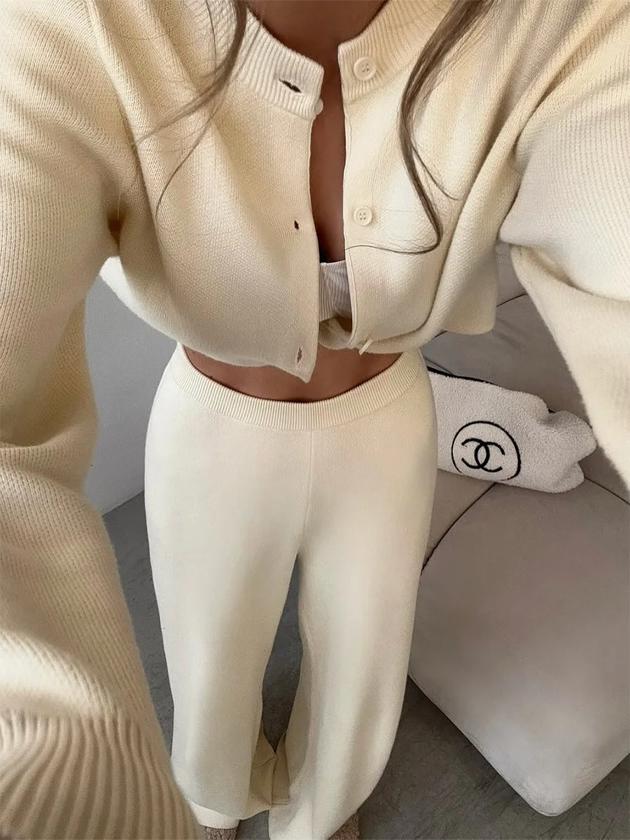 Bornladies Women's New Autumn Winter Knit Cardigan Pants Set Slim Fit Long Sleeve Long Trousers Simple Solid Color Sweater Suit