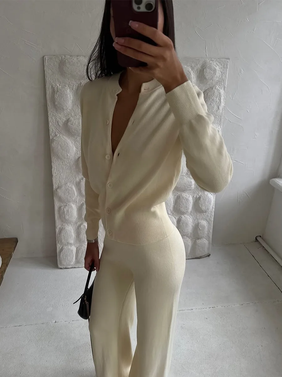 Bornladies Women's New Autumn Winter Knit Cardigan Pants Set Slim Fit Long Sleeve Long Trousers Simple Solid Color Sweater Suit