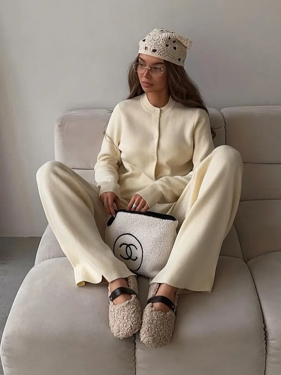 Bornladies Women's New Autumn Winter Knit Cardigan Pants Set Slim Fit Long Sleeve Long Trousers Simple Solid Color Sweater Suit