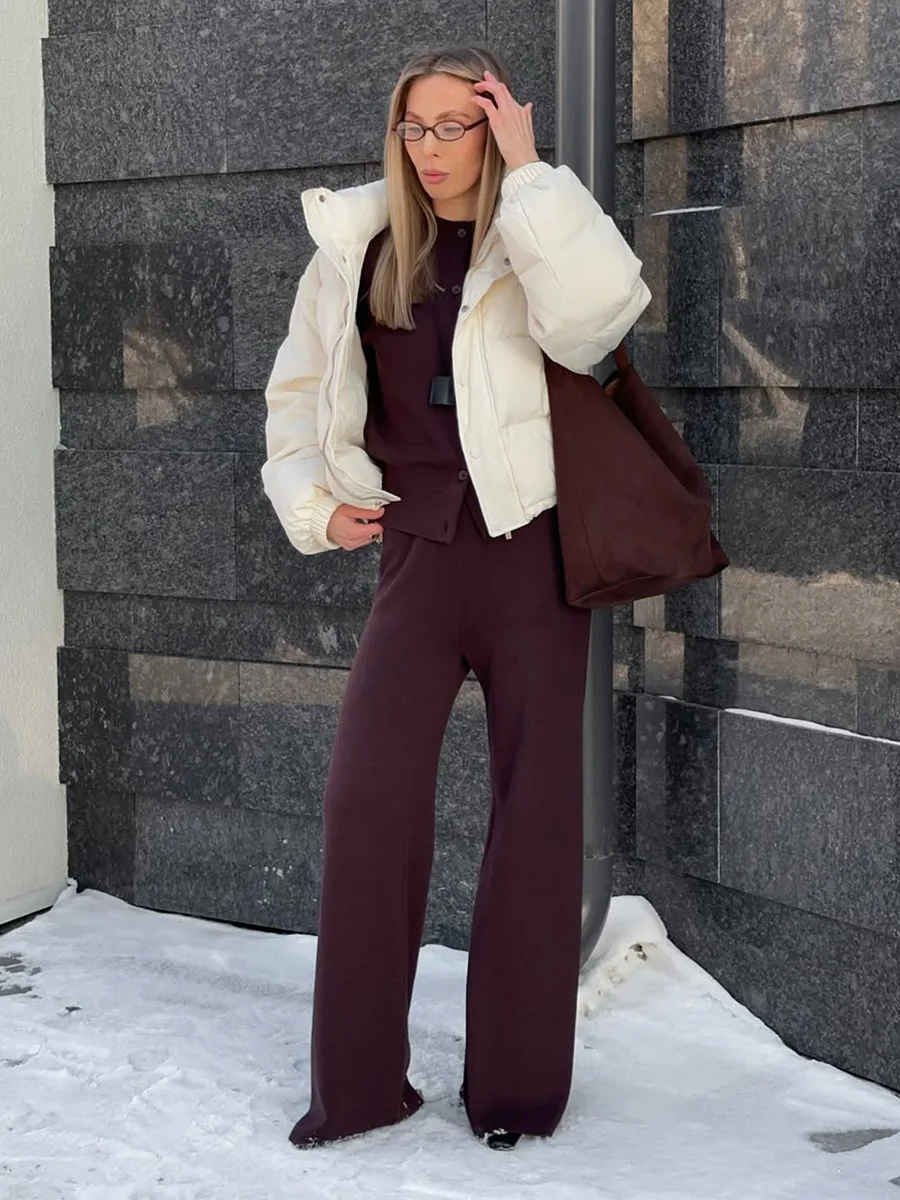 Bornladies Women's New Autumn Winter Knit Cardigan Pants Set Slim Fit Long Sleeve Long Trousers Simple Solid Color Sweater Suit