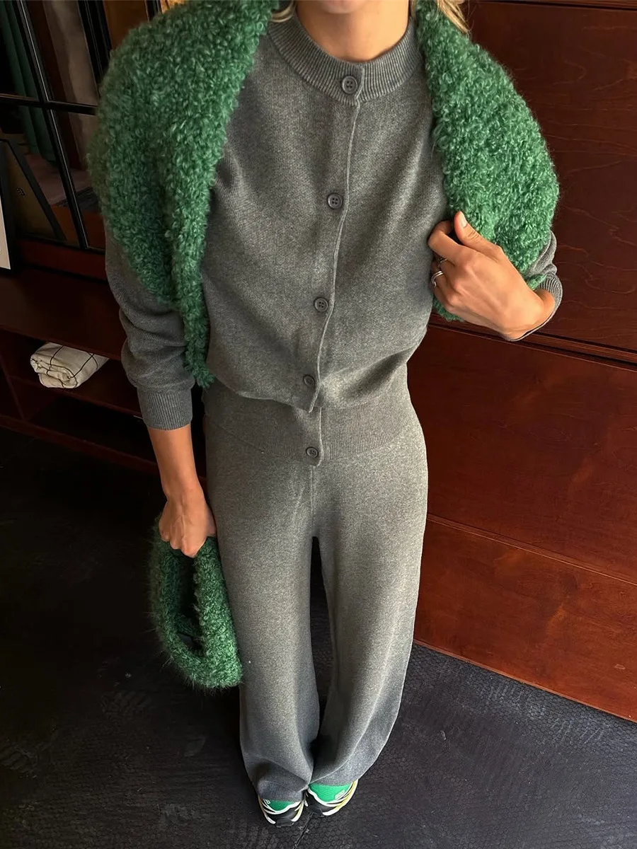 Bornladies Women's New Autumn Winter Knit Cardigan Pants Set Slim Fit Long Sleeve Long Trousers Simple Solid Color Sweater Suit