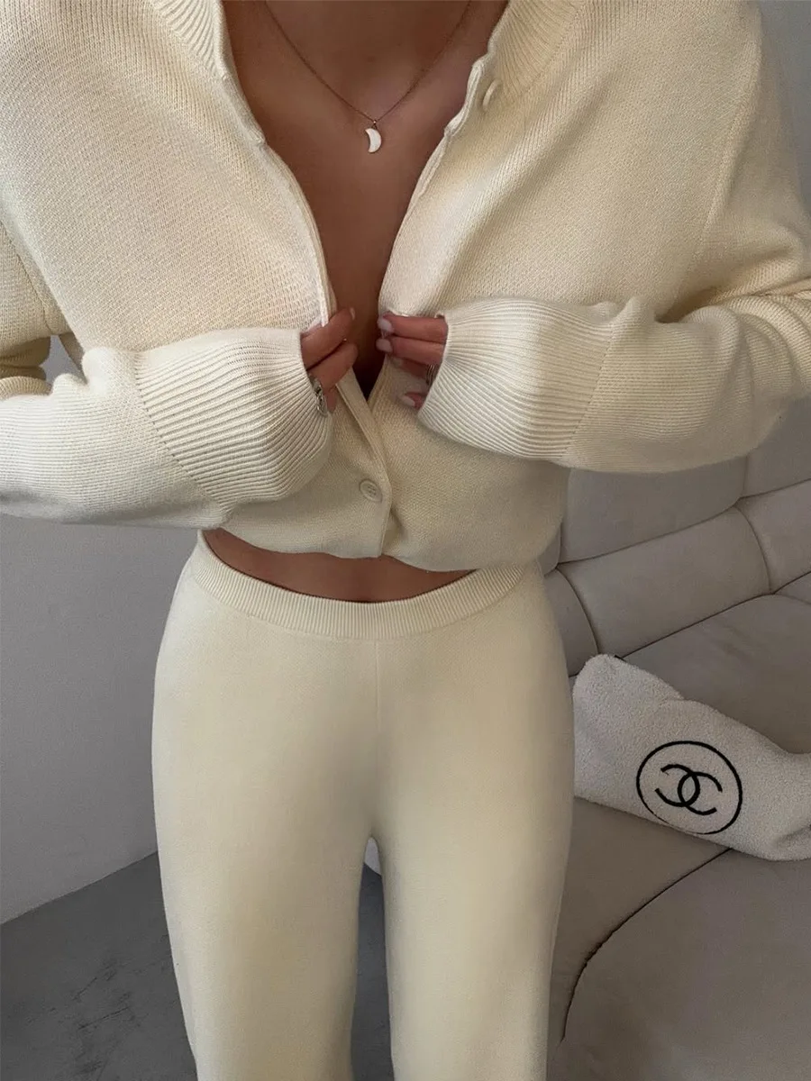 Bornladies Women's New Autumn Winter Knit Cardigan Pants Set Slim Fit Long Sleeve Long Trousers Simple Solid Color Sweater Suit