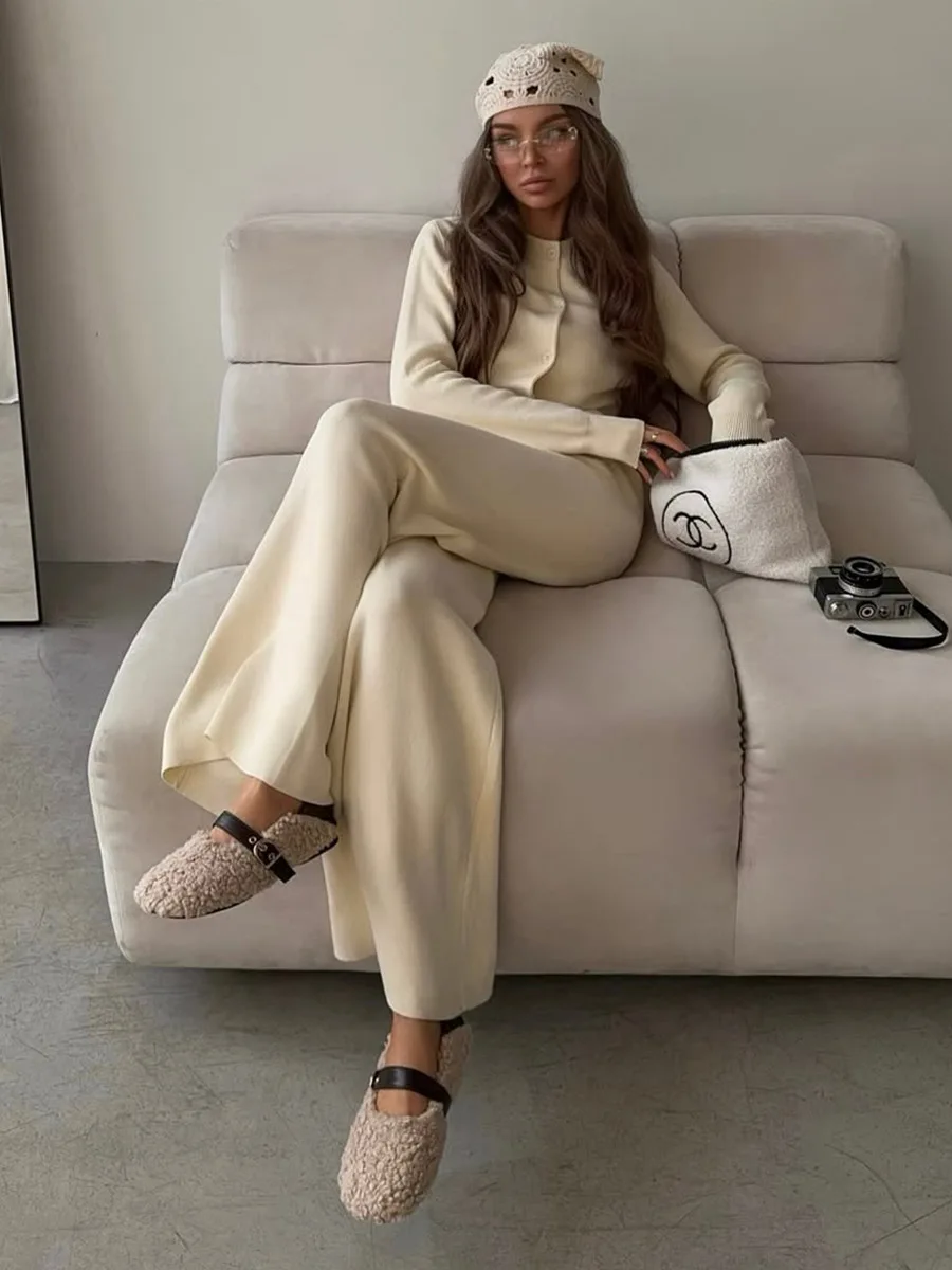 Bornladies Women's New Autumn Winter Knit Cardigan Pants Set Slim Fit Long Sleeve Long Trousers Simple Solid Color Sweater Suit