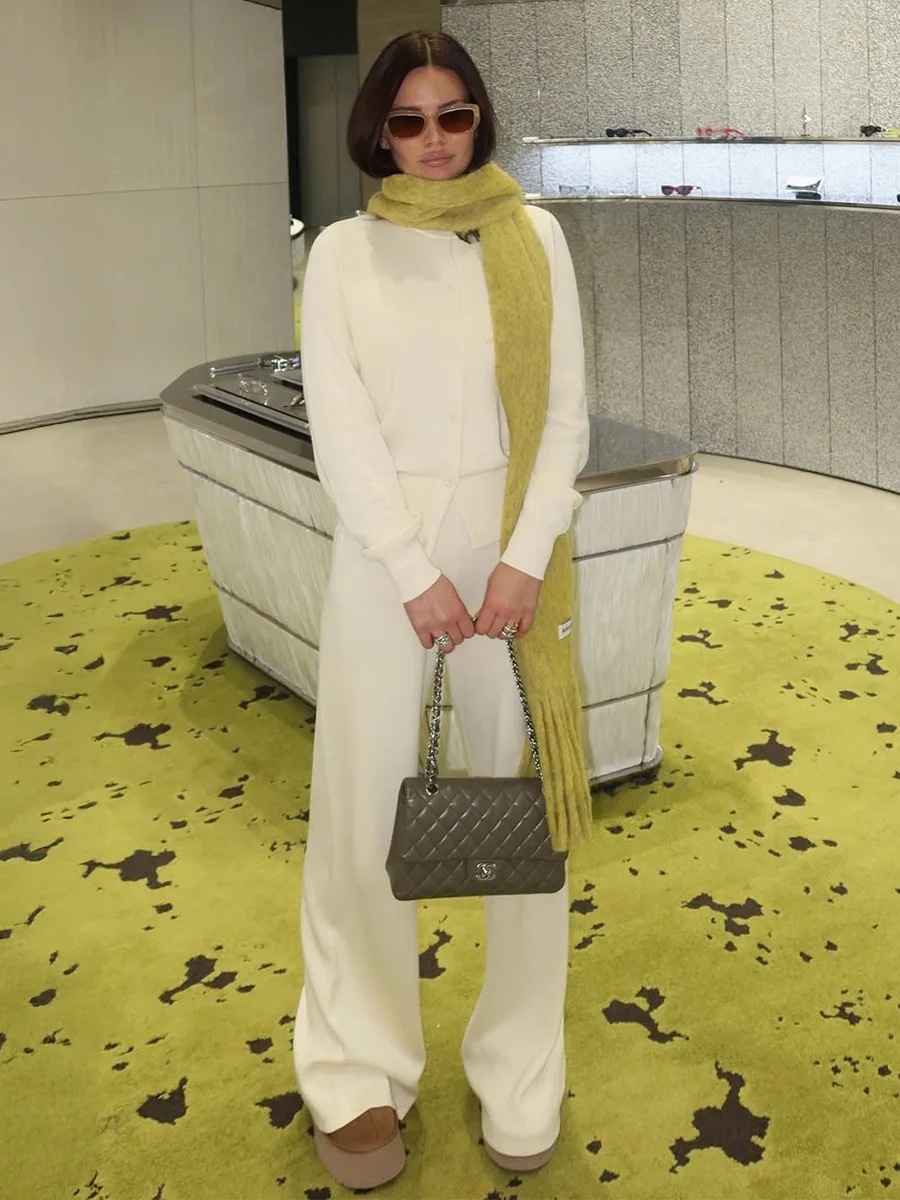Bornladies Women's New Autumn Winter Knit Cardigan Pants Set Slim Fit Long Sleeve Long Trousers Simple Solid Color Sweater Suit