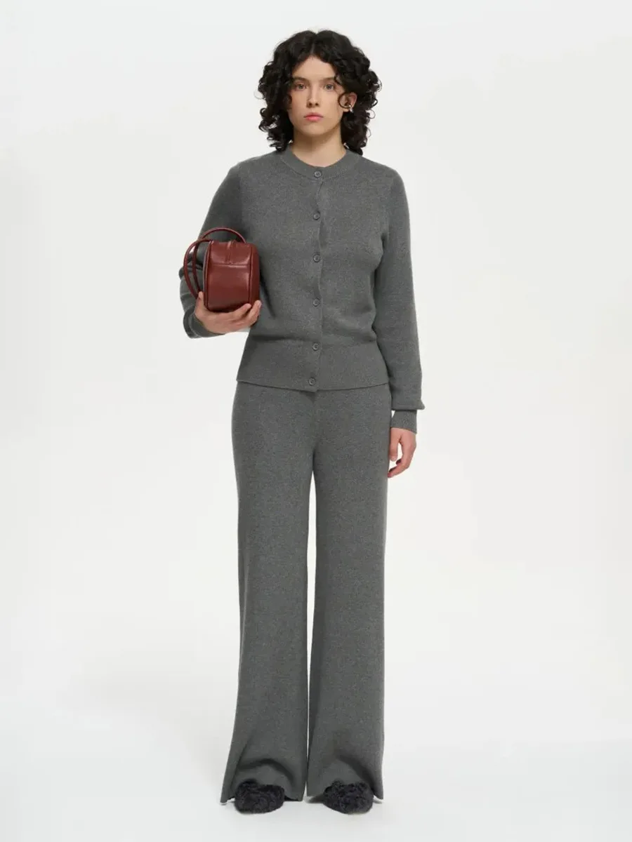 Bornladies Women's New Autumn Winter Knit Cardigan Pants Set Slim Fit Long Sleeve Long Trousers Simple Solid Color Sweater Suit