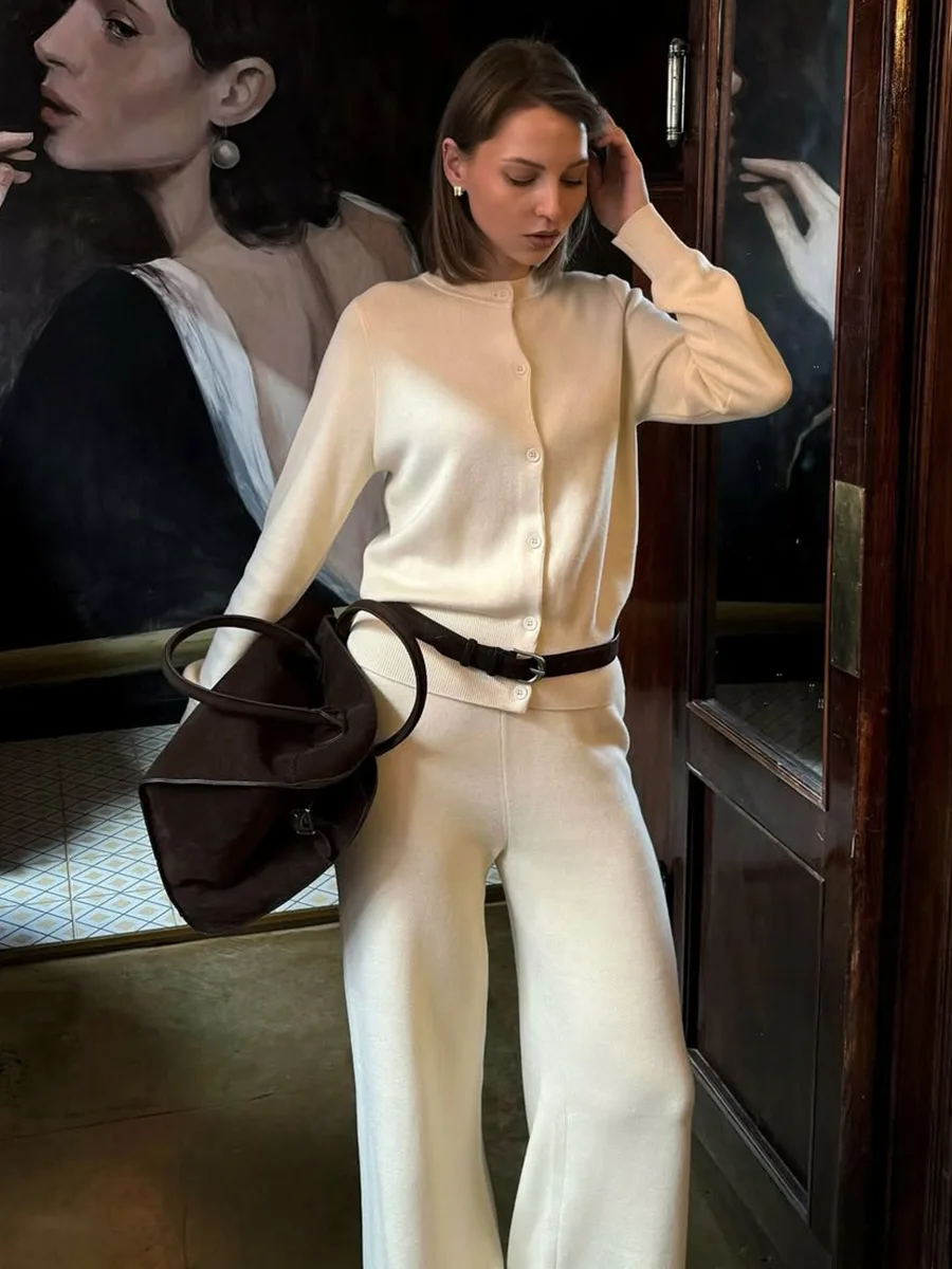 Bornladies Women's New Autumn Winter Knit Cardigan Pants Set Slim Fit Long Sleeve Long Trousers Simple Solid Color Sweater Suit