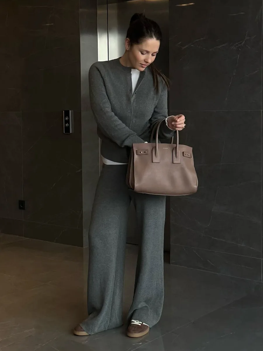 Bornladies Women's New Autumn Winter Knit Cardigan Pants Set Slim Fit Long Sleeve Long Trousers Simple Solid Color Sweater Suit