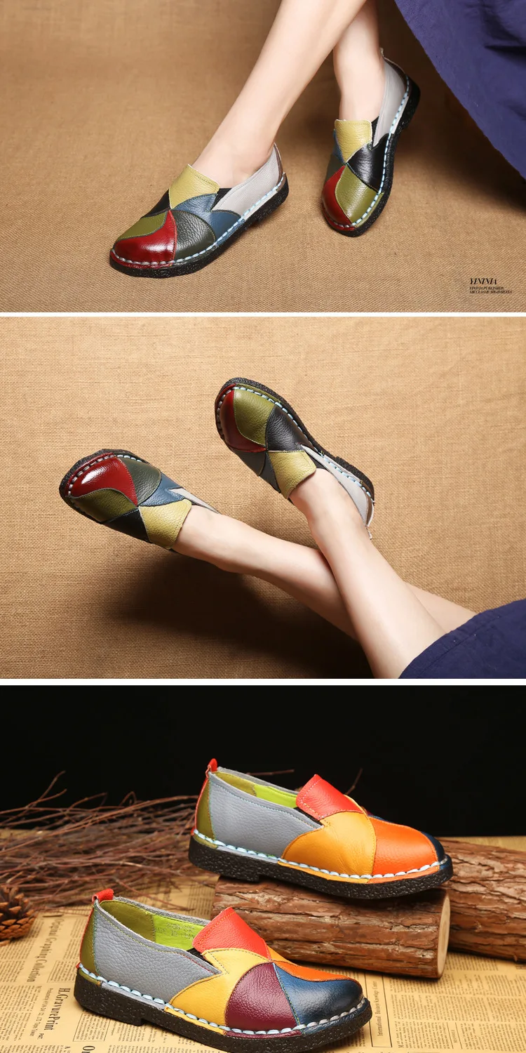 WOIZGIC Women's Ladies Female Woman Mother Shoes Flats Genuine Leather Loafers Moccasins Mixed Colorful Non Slip On Plus Size 42