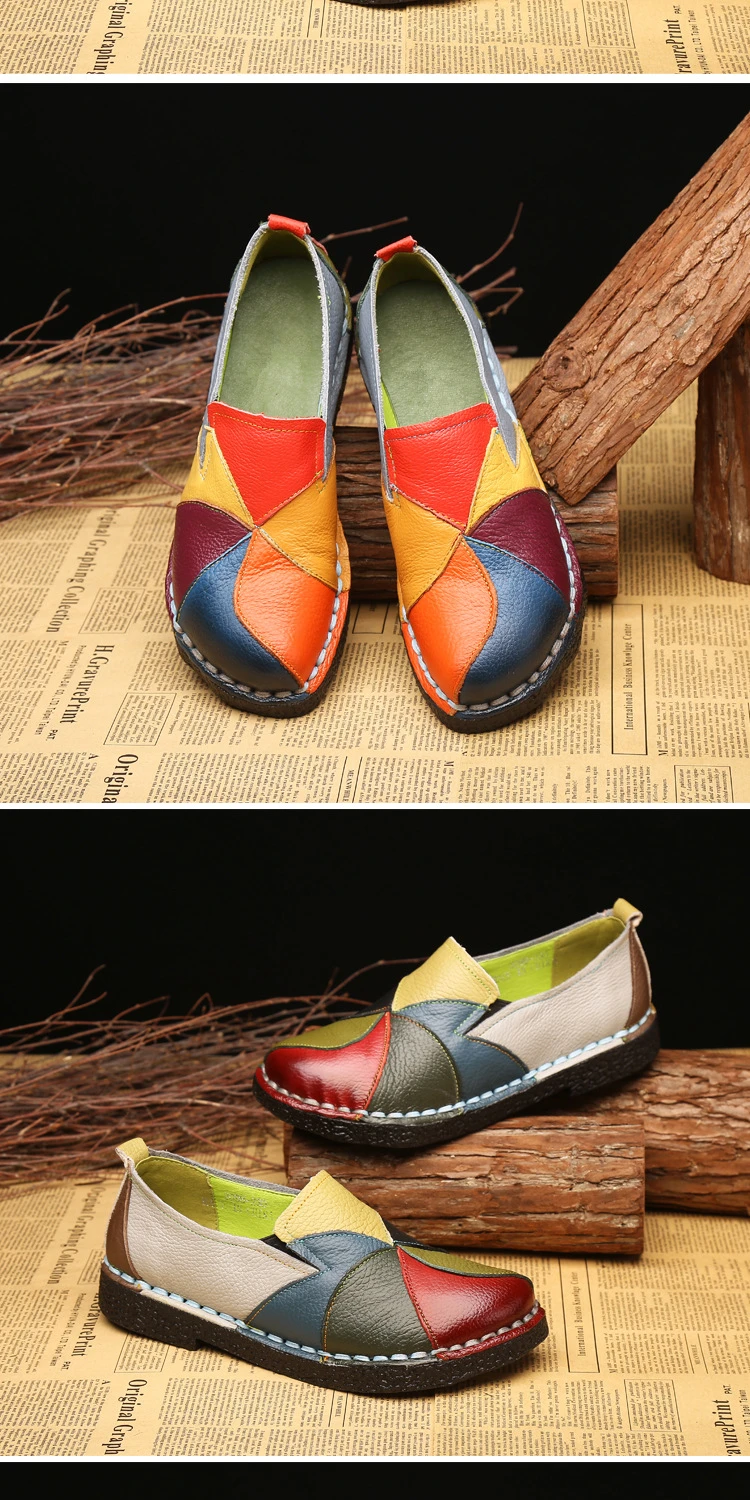 WOIZGIC Women's Ladies Female Woman Mother Shoes Flats Genuine Leather Loafers Moccasins Mixed Colorful Non Slip On Plus Size 42