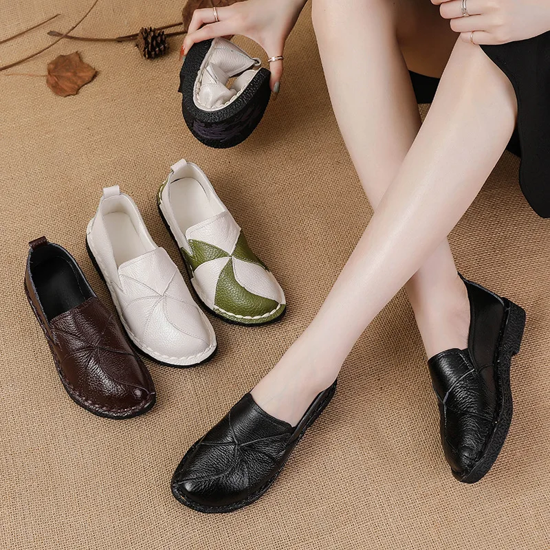 WOIZGIC Women's Ladies Female Woman Mother Shoes Flats Genuine Leather Loafers Moccasins Mixed Colorful Non Slip On Plus Size 42
