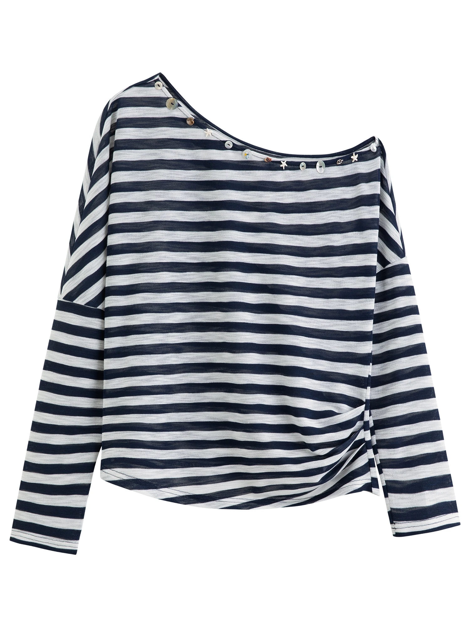 DUSHU 2026 Summer Women‘s One Shoulder Striped T-Shirt Relaxed Fit Asymmetric Top for Effortless Chic Urban Style Size Inclusive