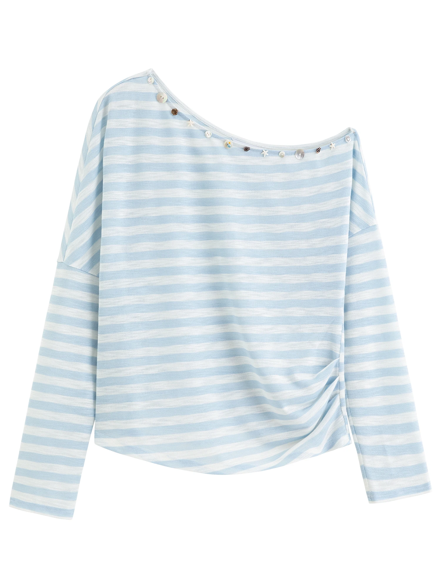 DUSHU 2026 Summer Women‘s One Shoulder Striped T-Shirt Relaxed Fit Asymmetric Top for Effortless Chic Urban Style Size Inclusive